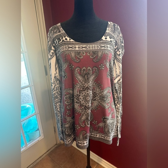 Cache XL Burgundy Paisley Mixed Print Top Long Sleeve Boho Style Made in USA - Picture 1 of 9